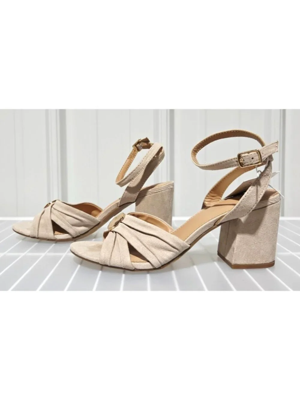 A New Day Bibi Taupe Faux Suede Wrap Buckle Strap Open Toe Heels -- Women's 7.5